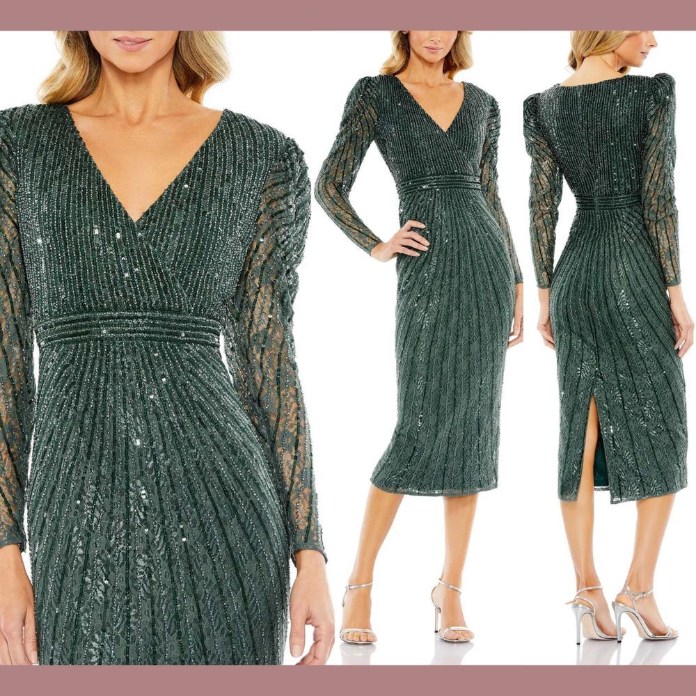 NWT $538 Mac Duggal [ 8 ] 93676 Beaded Lace‎ Long Sleeve Midi Dress Deep Green
